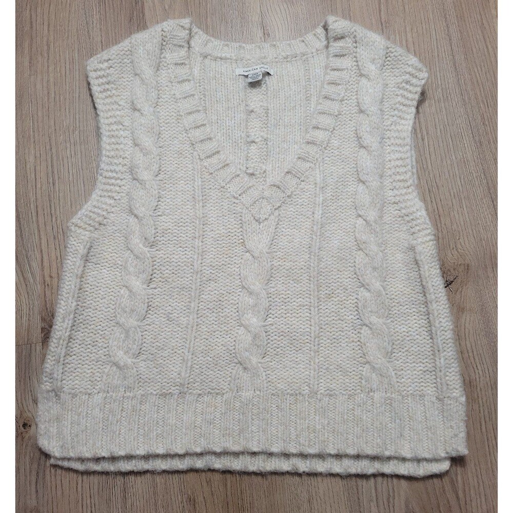 American Eagle Cable knit Sweater Crop Vest Pullover Khaki Cream Size Small wool